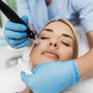 Microneedle mesotherapy. Beautiful blond woman receiving microneedling rejuvenation treatment.