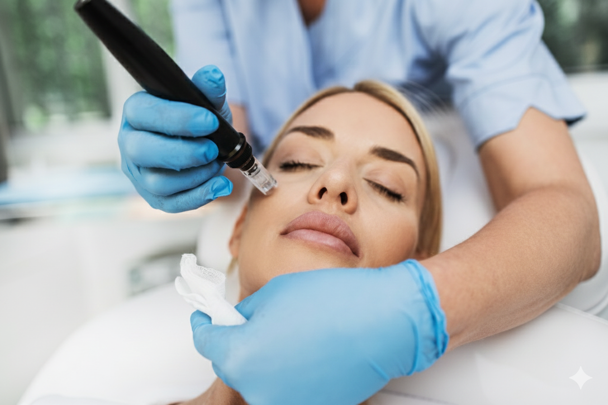 Microneedle mesotherapy. Beautiful blond woman receiving microneedling rejuvenation treatment.